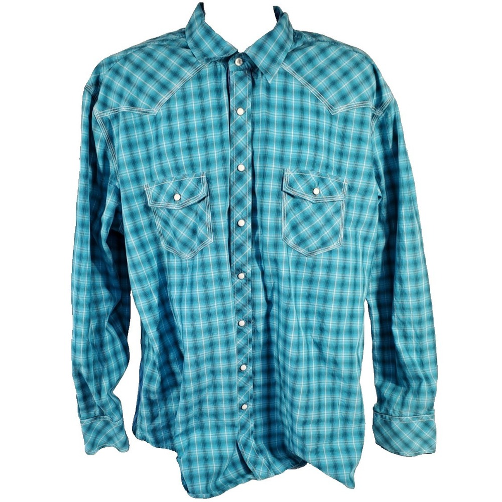 Rock & Roll Shirt Mens 2XL Blue‎ Pearl Snap Western Pockets